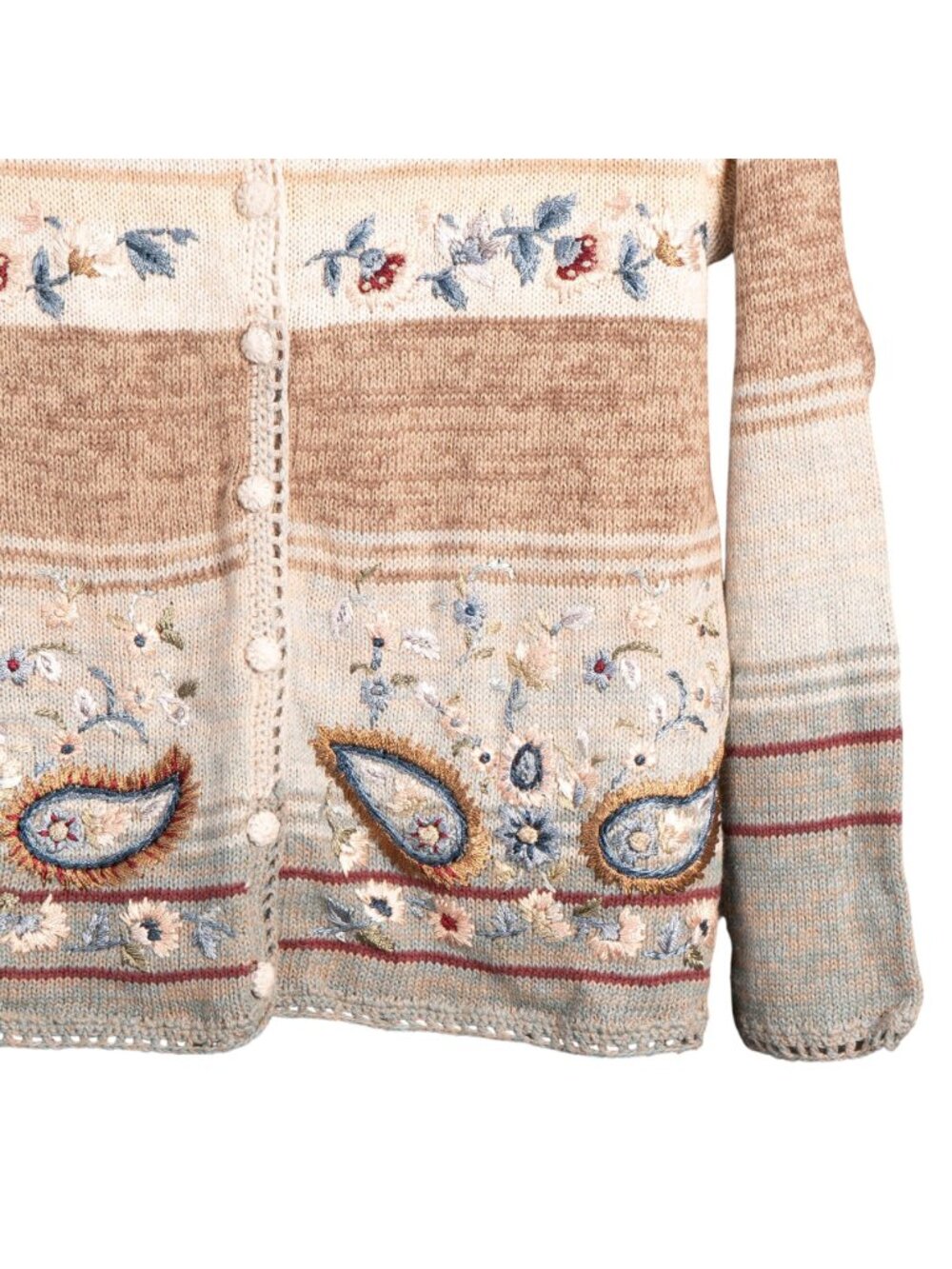 VTG Cardigan Sweater S Women 90s MomCore Beige Paisley Floral Boho Cottagecore - Picture 3 of 6
